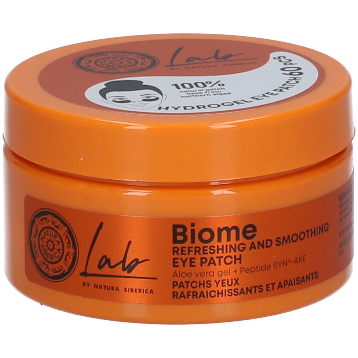 Orangefarbener Tiegel mit Aufschrift 'Lab by Natura Siberica'. Text: 'Biome Erfrischende und glättende Augenmaske'.
