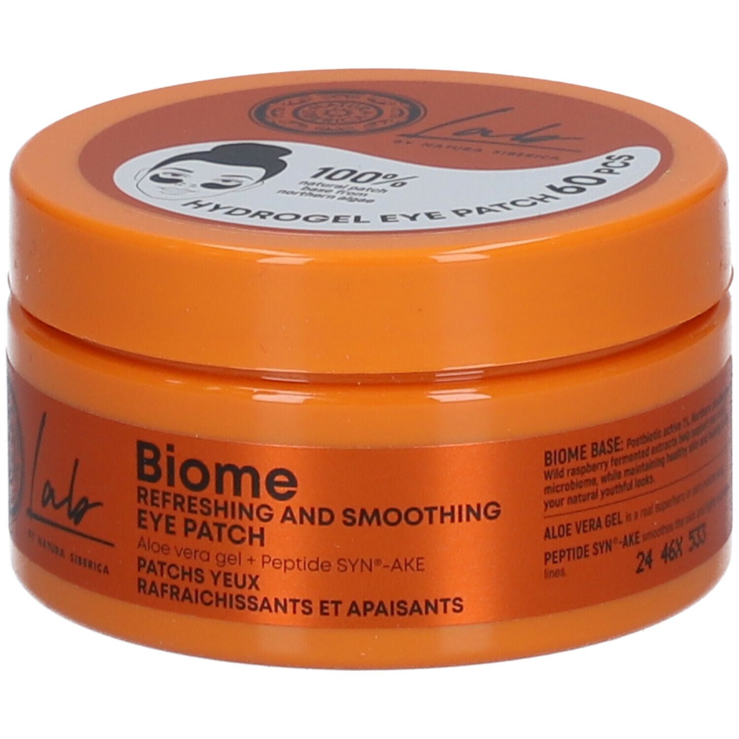 Orangefarbener Tiegel mit Aufschrift 'Lab by Natura Siberica'. Text: 'Biome Erfrischende und glättende Augenmaske'. 60 Stück.