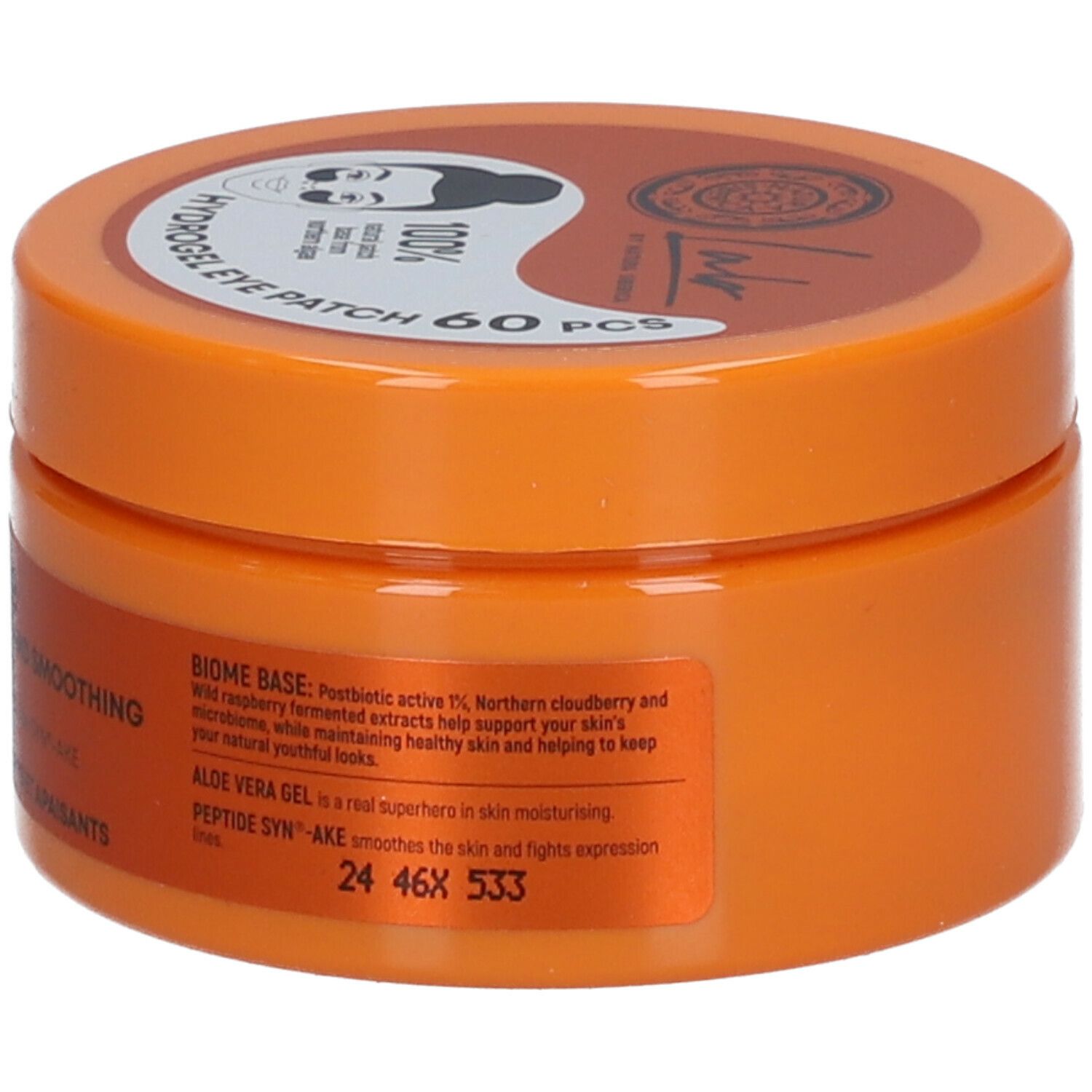 Orangefarbener Tiegel mit Aufschrift 'Lab by Natura Siberica'. Text: 'Biome Erfrischende und glättende Augenmaske'.