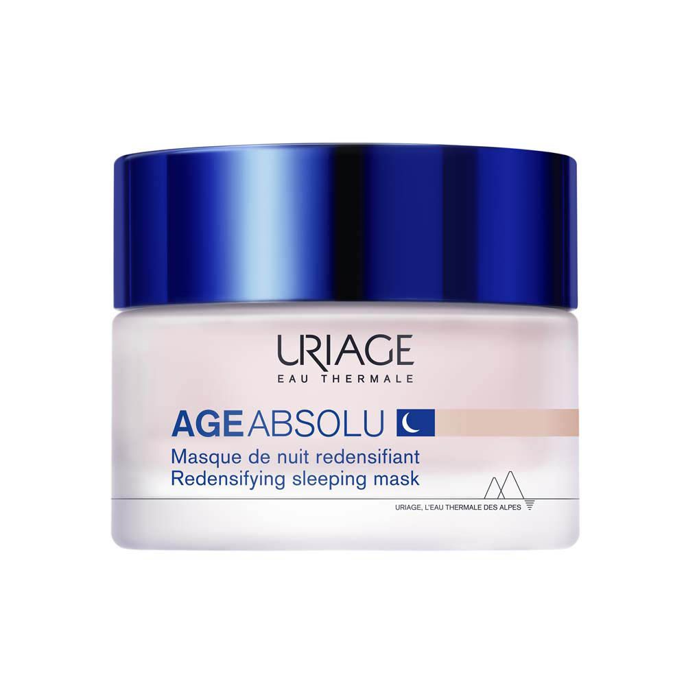 Crèmepot met blauwe deksel. Opschrift: URIAGE, AGE ABSOLU, nachtmasker.