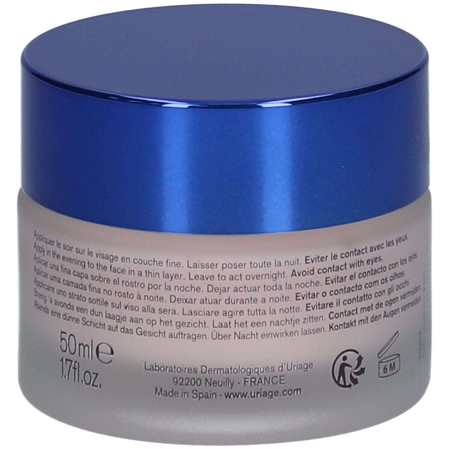 Achterkant crèmepot met blauwe deksel. Tekst: 50ml, Laboratoires d'Uriage.