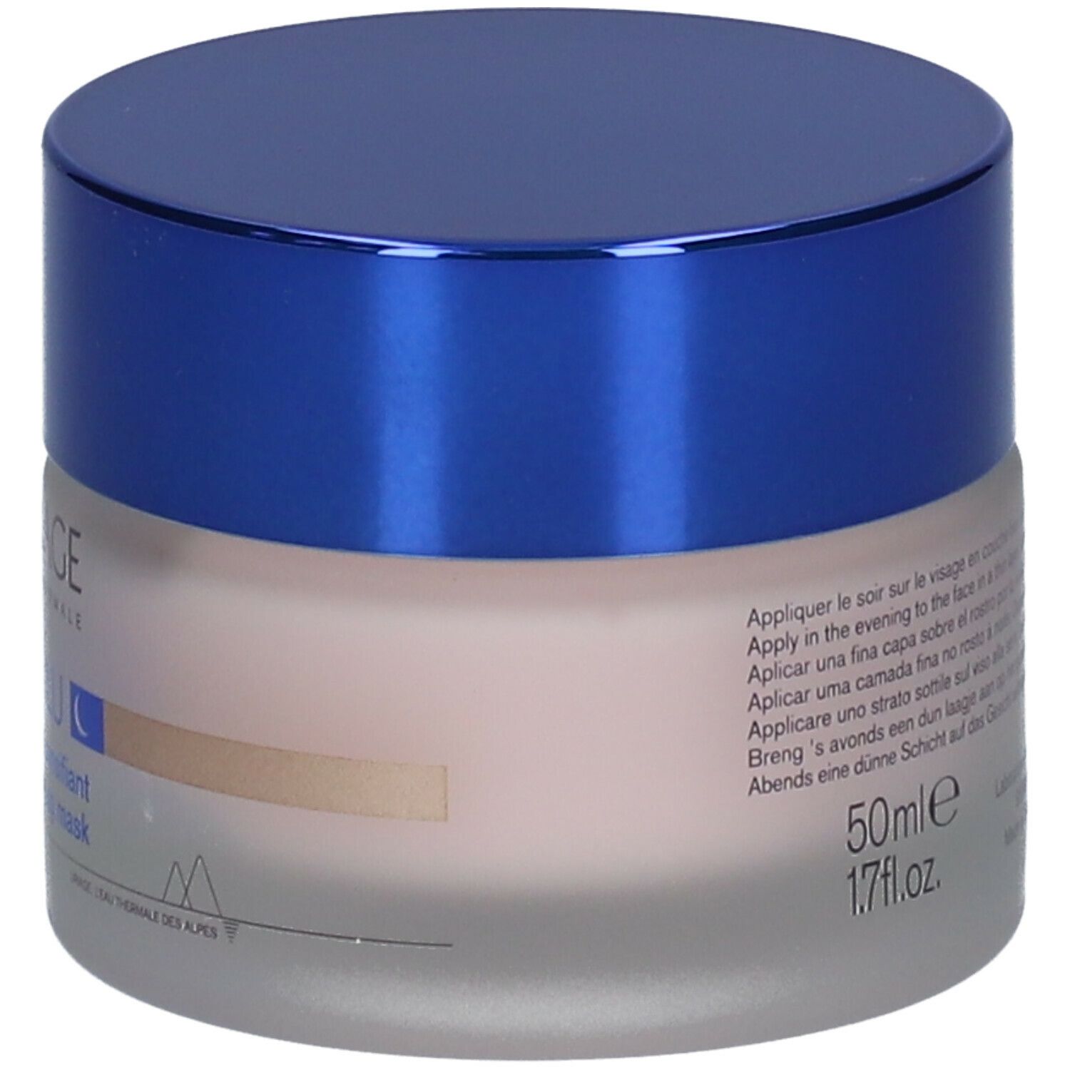 Crèmepot met blauwe deksel. Opschrift: AGE ABSOLU, nachtmasker, 50ml.