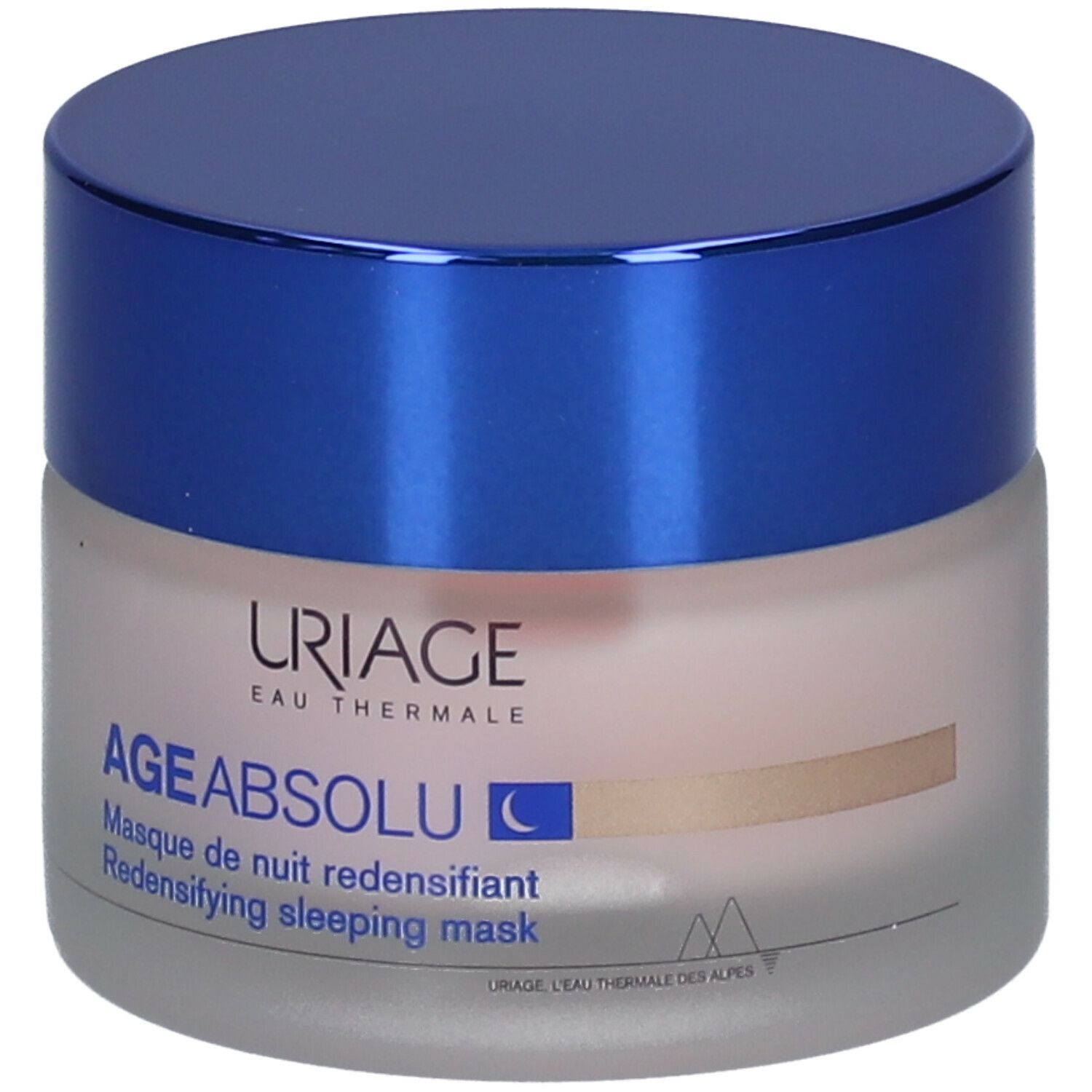 Crèmepot met blauwe deksel. Opschrift: URIAGE, AGE ABSOLU, nachtmasker.