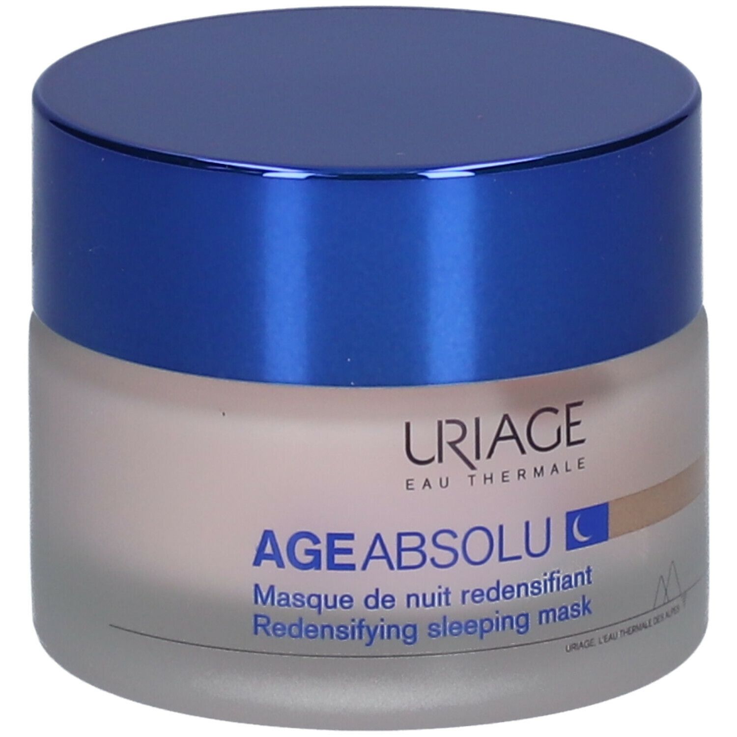 Crèmepot met blauwe deksel. Opschrift: URIAGE, AGE ABSOLU, nachtmasker.