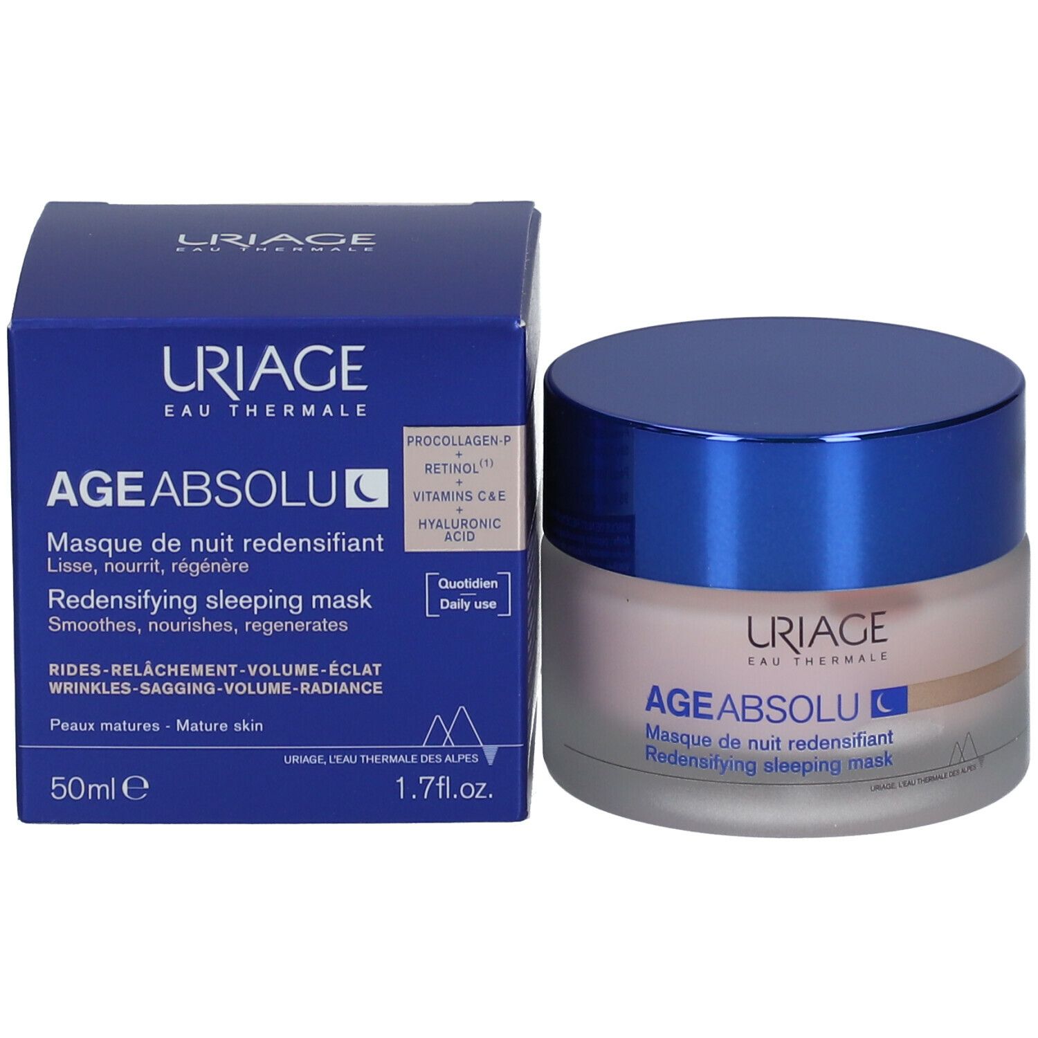 Productverpakking met crèmepot en doos. Opschrift: URIAGE, AGE ABSOLU, nachtmasker.