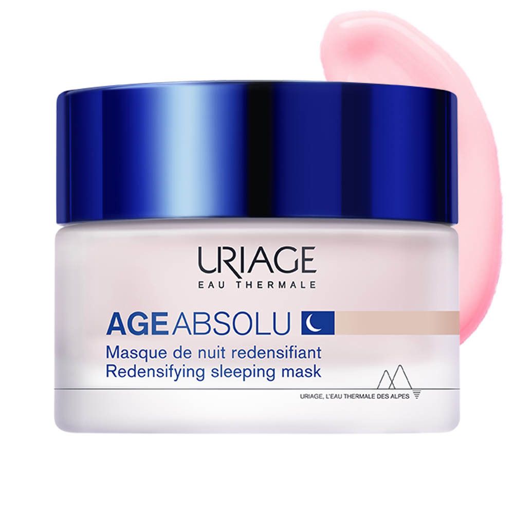 Product met crèmepot en blauwe deksel. Opschrift: URIAGE, AGE ABSOLU, nachtmasker.