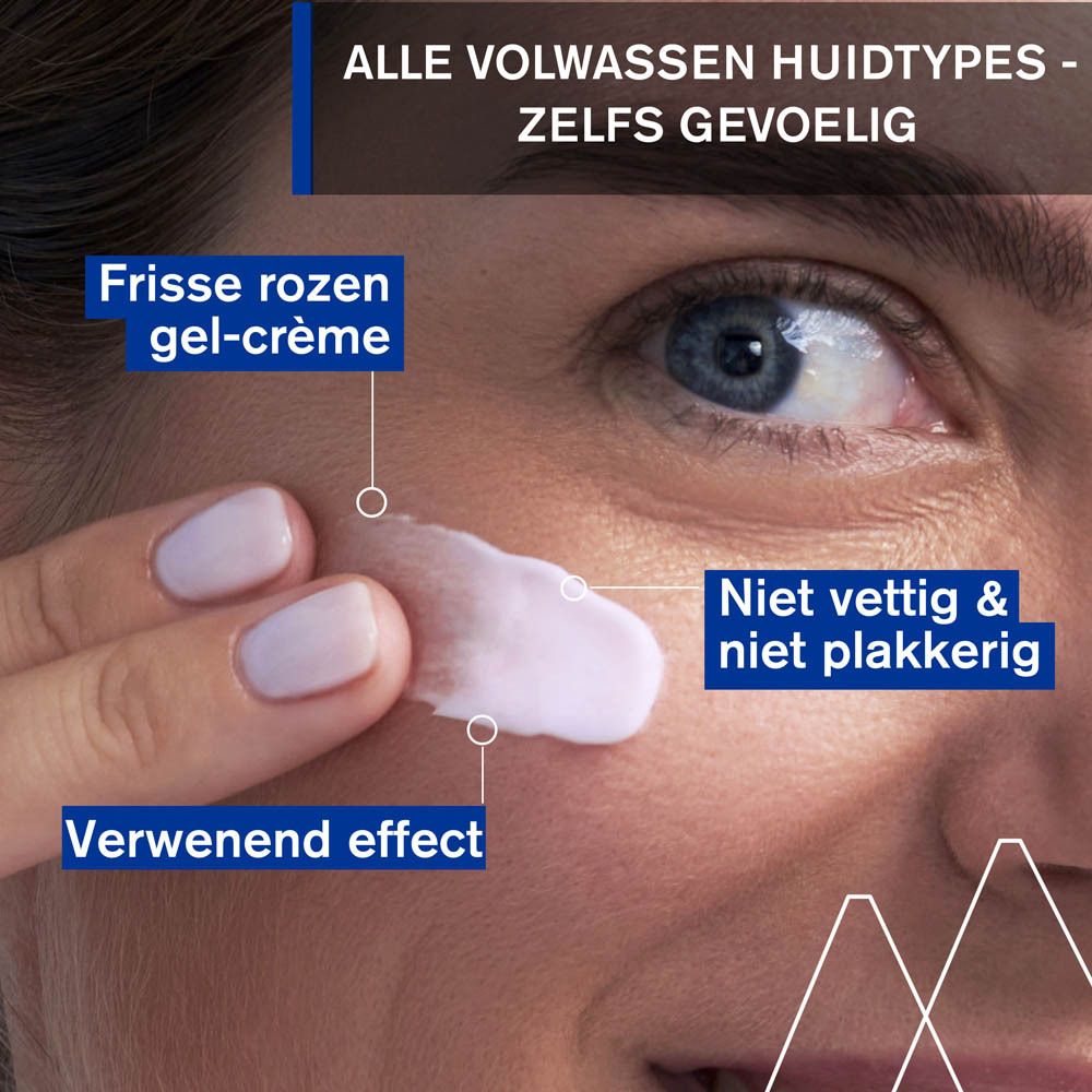Close-up van een vrouw die crème aanbrengt. Tekst: Frisse rozen gel-crème, Niet vettig & niet plakkerig.