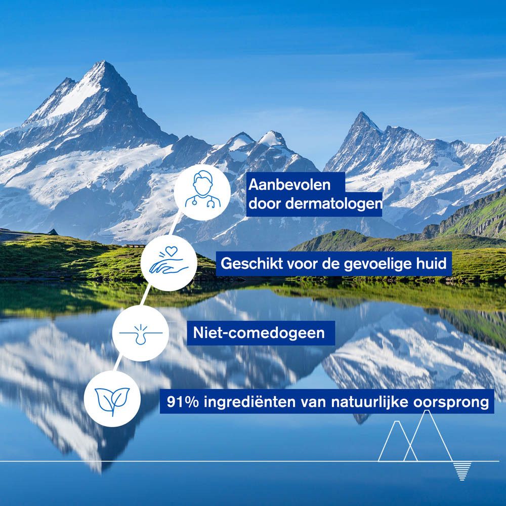 Landschap met tekst. Tekst: Aanbevolen door dermatologen, Geschikt voor de gevoelige huid.