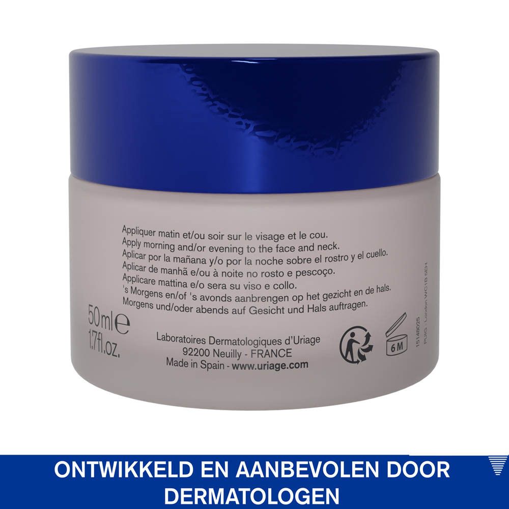Achterkant van de crèmepot. Tekst: 50ml, Laboratoires Dermatologiques d'Uriage, Made in Spain.
