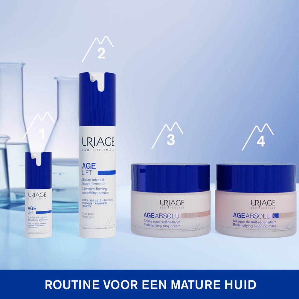 Productreeks. Producten: Uriage Age Lift Serum, Crème, Nachtmasker.