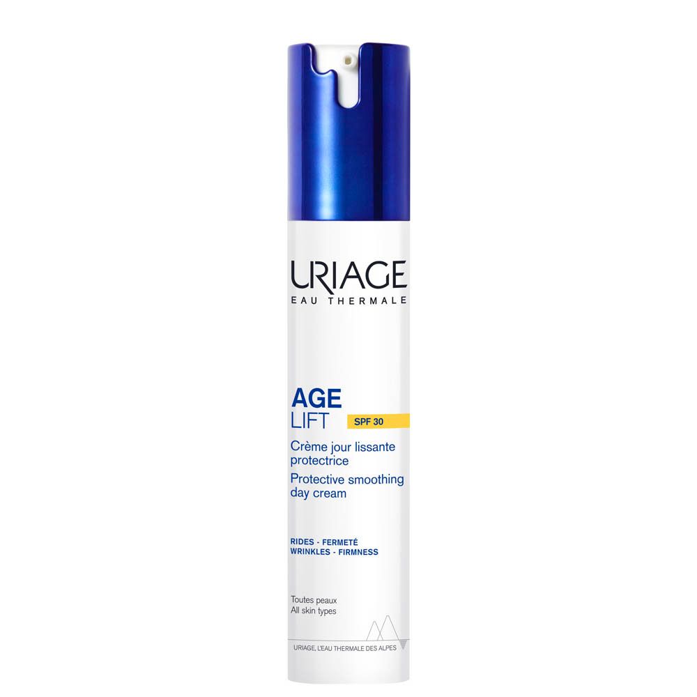 Tube blanche et bleue avec texte et SPF30. Crème de jour Uriage Age Lift.