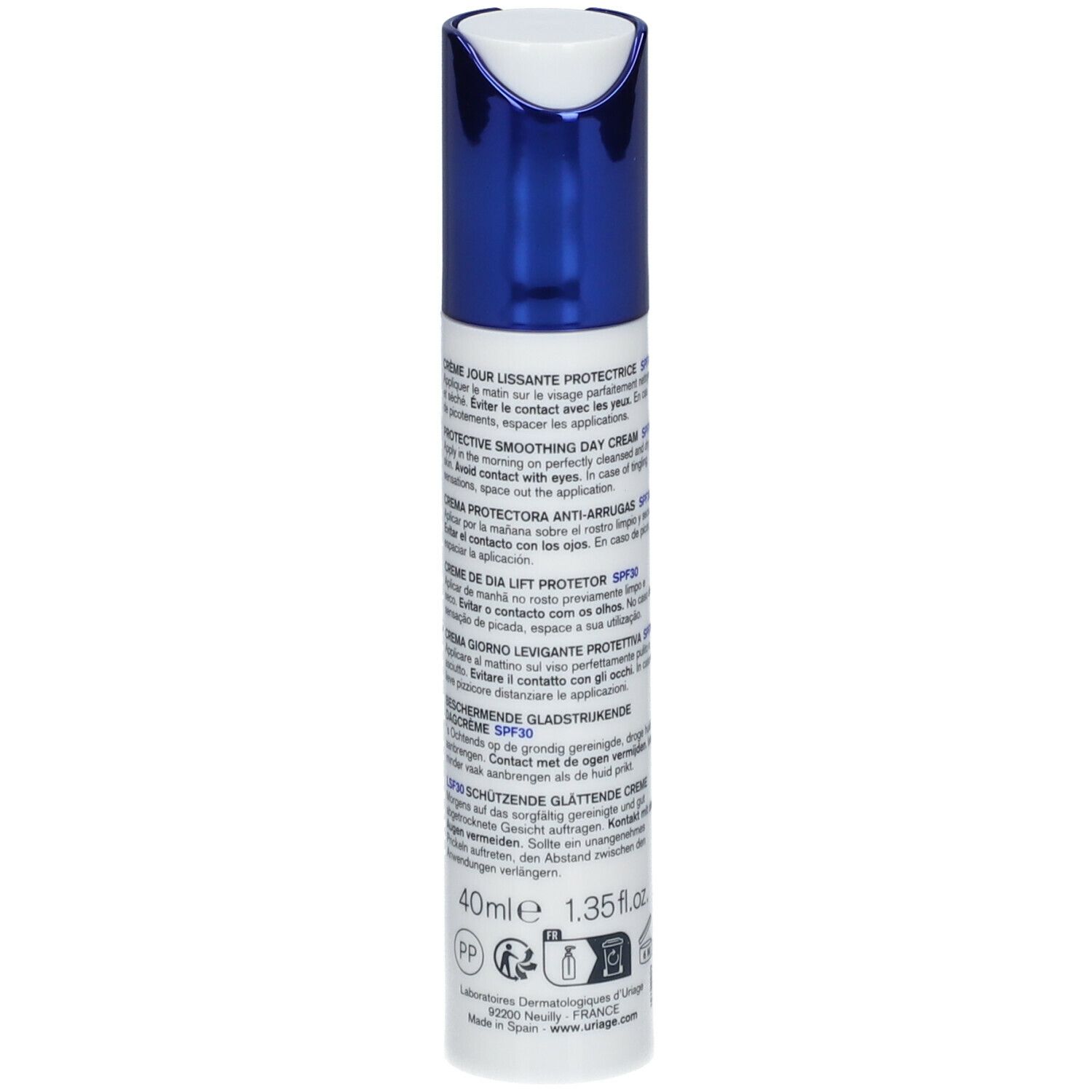 Rückseite der Tube mit Produktinformationen. Uriage Age Lift Tagescreme.