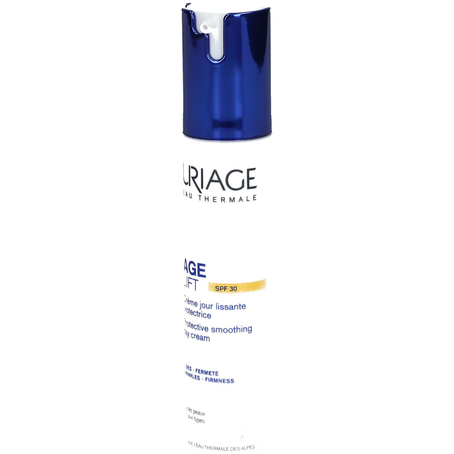 Weiß-blaue Tube mit Produkttext und SPF30. Uriage Age Lift Tagescreme.