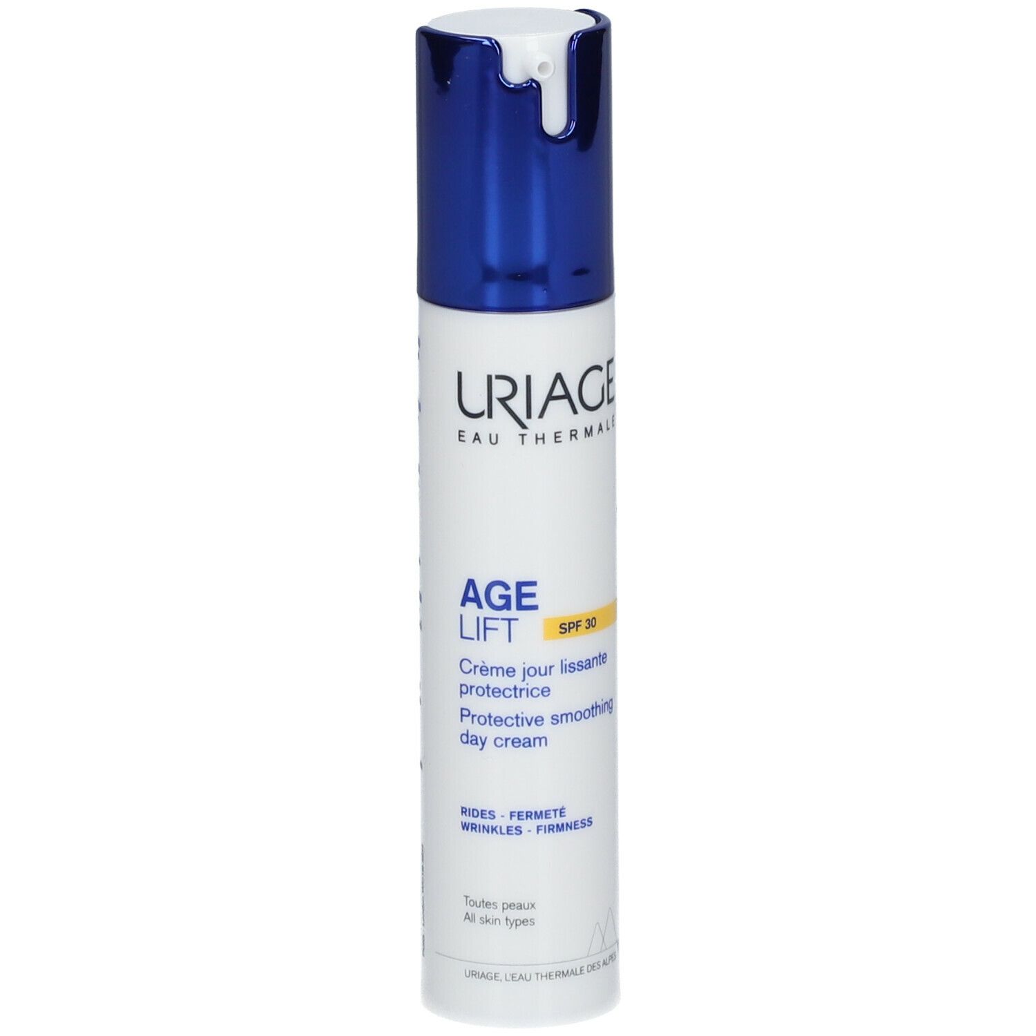 Weiß-blaue Tube mit Produkttext und SPF30. Uriage Age Lift Tagescreme.