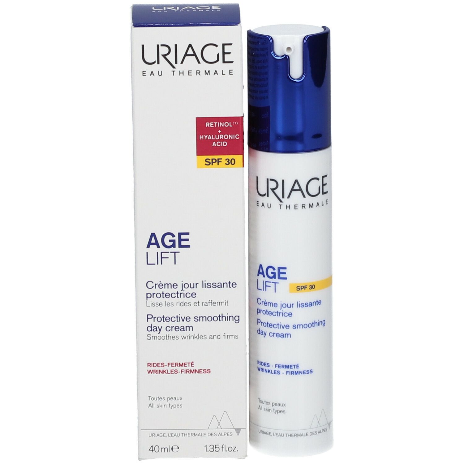 Produktverpackung mit Tube und Schachtel. Uriage Age Lift Tagescreme.
