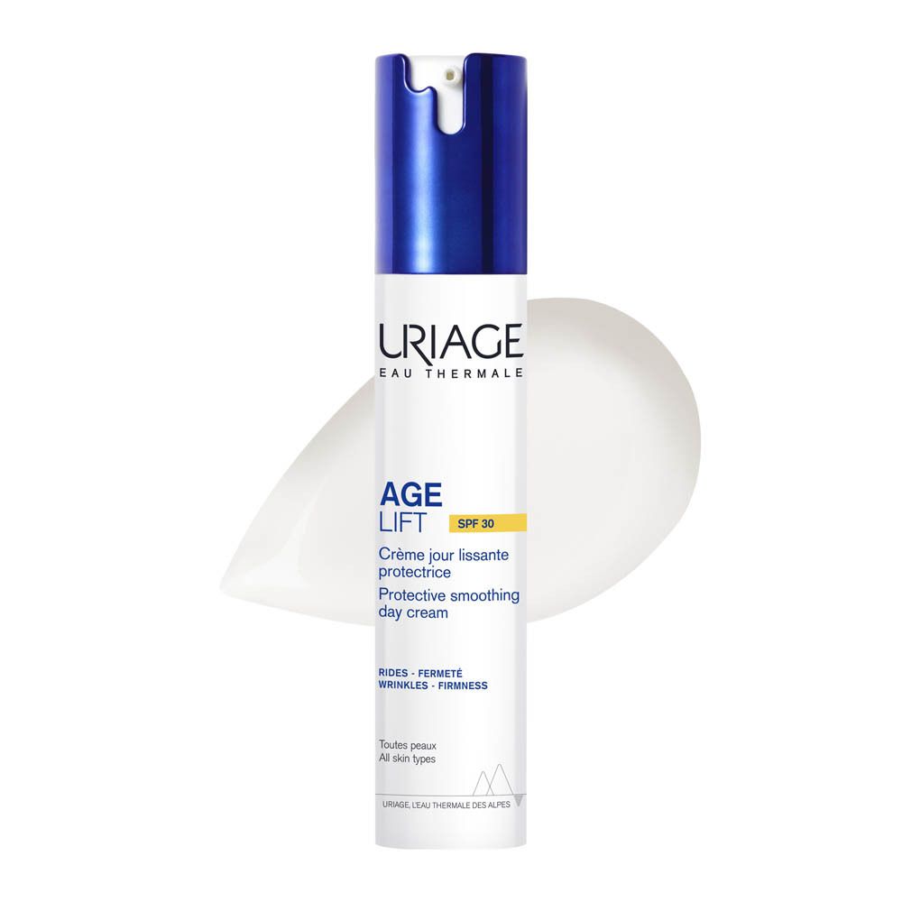 Tube blanche et bleue avec texte et SPF30. Crème de jour Uriage Age Lift.