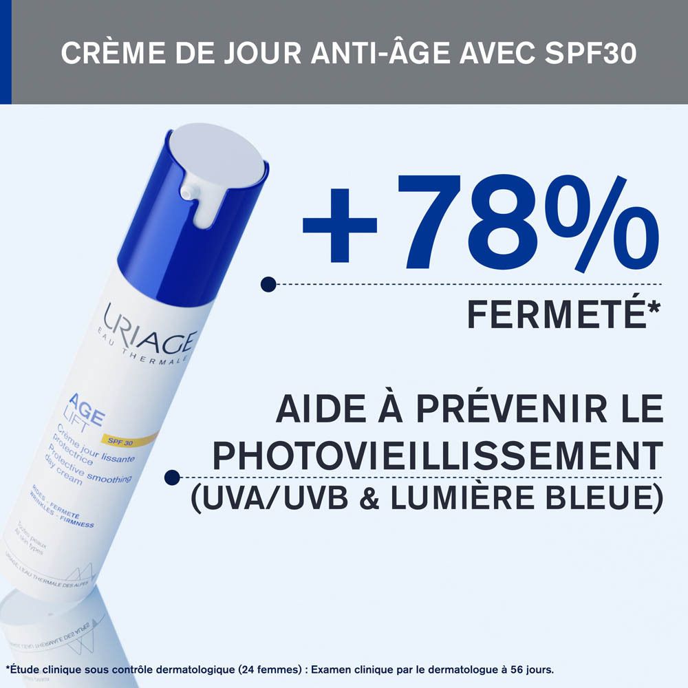 Tube blanche et bleue avec texte et SPF30. Crème de jour Uriage Age Lift.