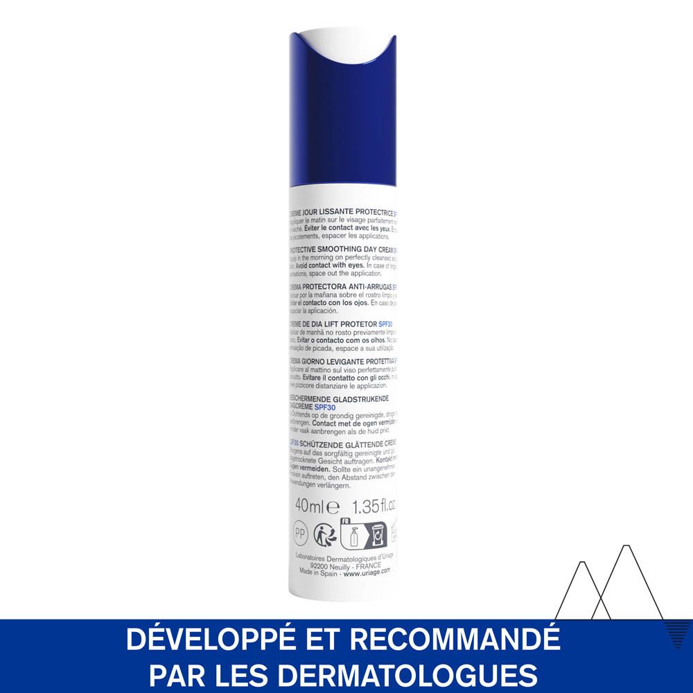 Tube blanche et bleue avec texte et SPF30. Crème de jour Uriage Age Lift.