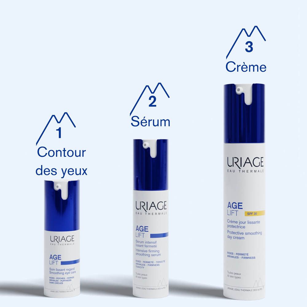 Tube blanche et bleue avec texte et SPF30. Crème de jour Uriage Age Lift.