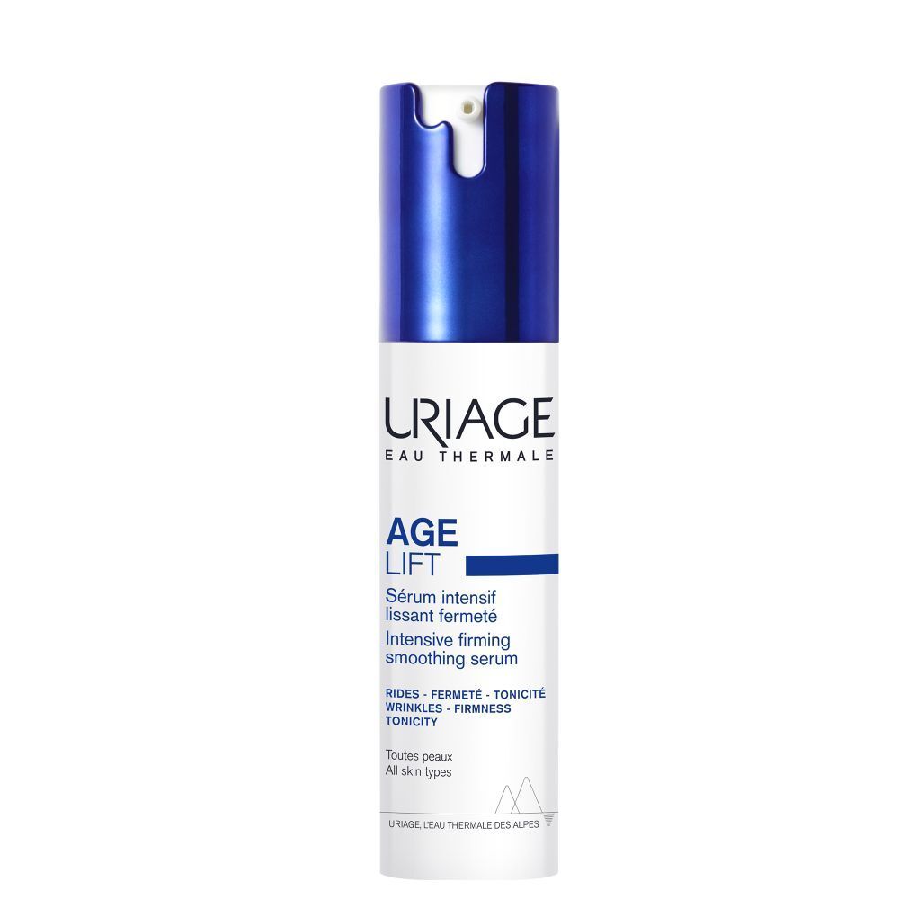 Wit-blauwe fles. Opschrift: URIAGE, AGE LIFT, Serum. Met doseerkop.