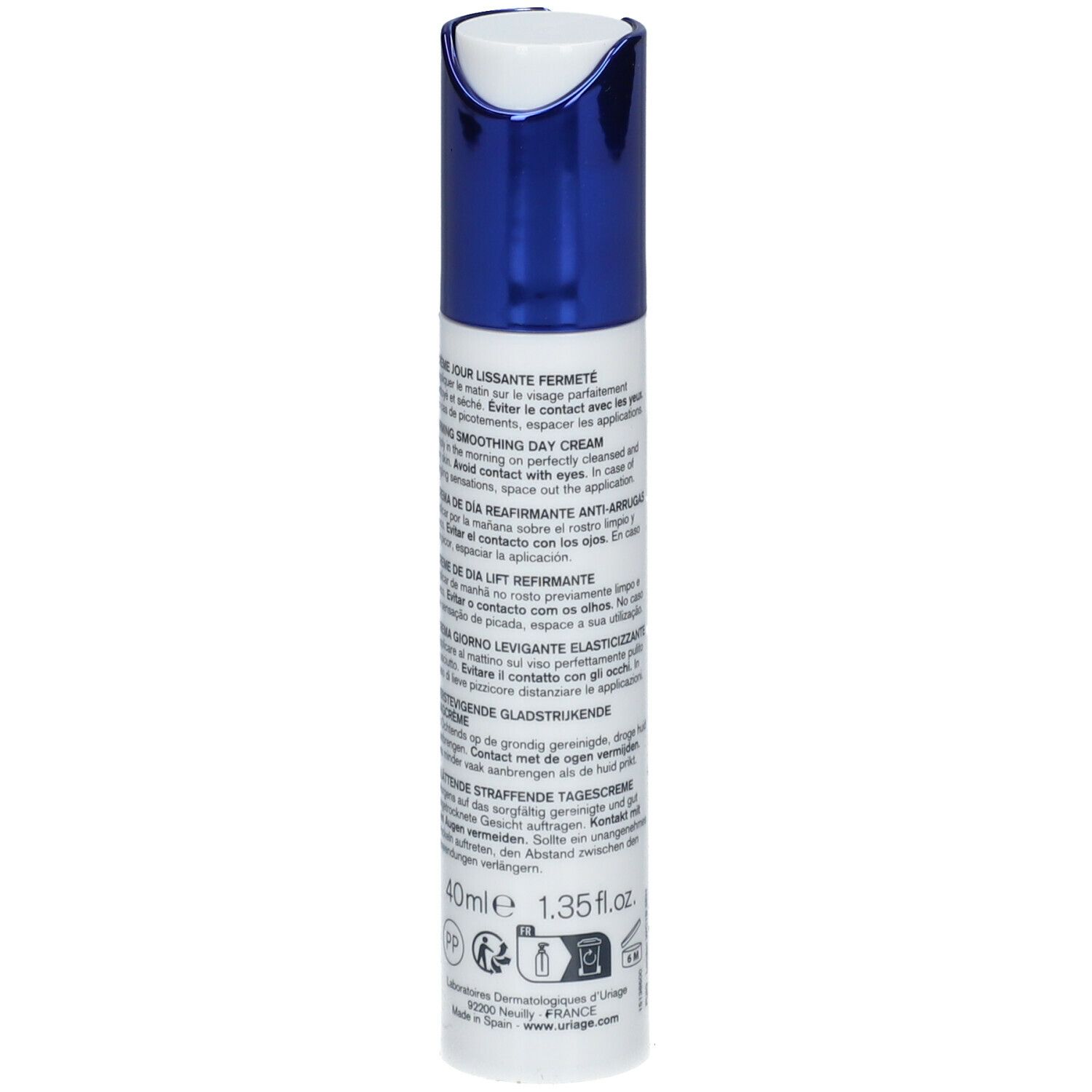 Wit-blauwe fles. Opschrift: URIAGE, AGE LIFT, Firming smoothing day cream. Meertalige tekst.
