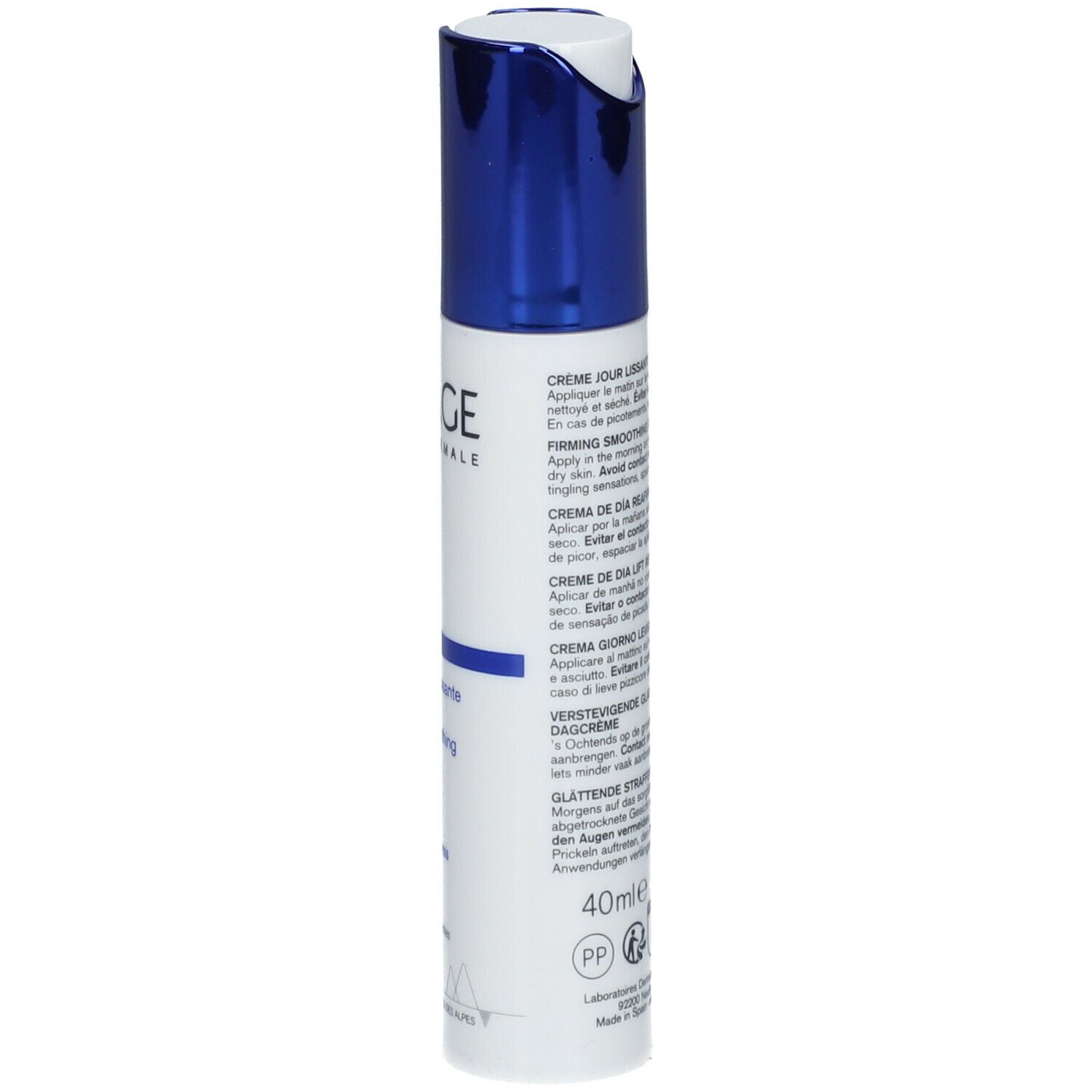 Wit-blauwe fles. Opschrift: URIAGE, AGE LIFT, Firming smoothing day cream. Meertalige tekst.