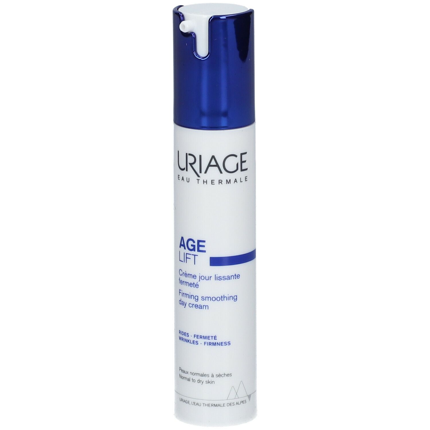 Wit-blauwe fles. Opschrift: URIAGE, AGE LIFT, Firming smoothing day cream. Met doseerkop.