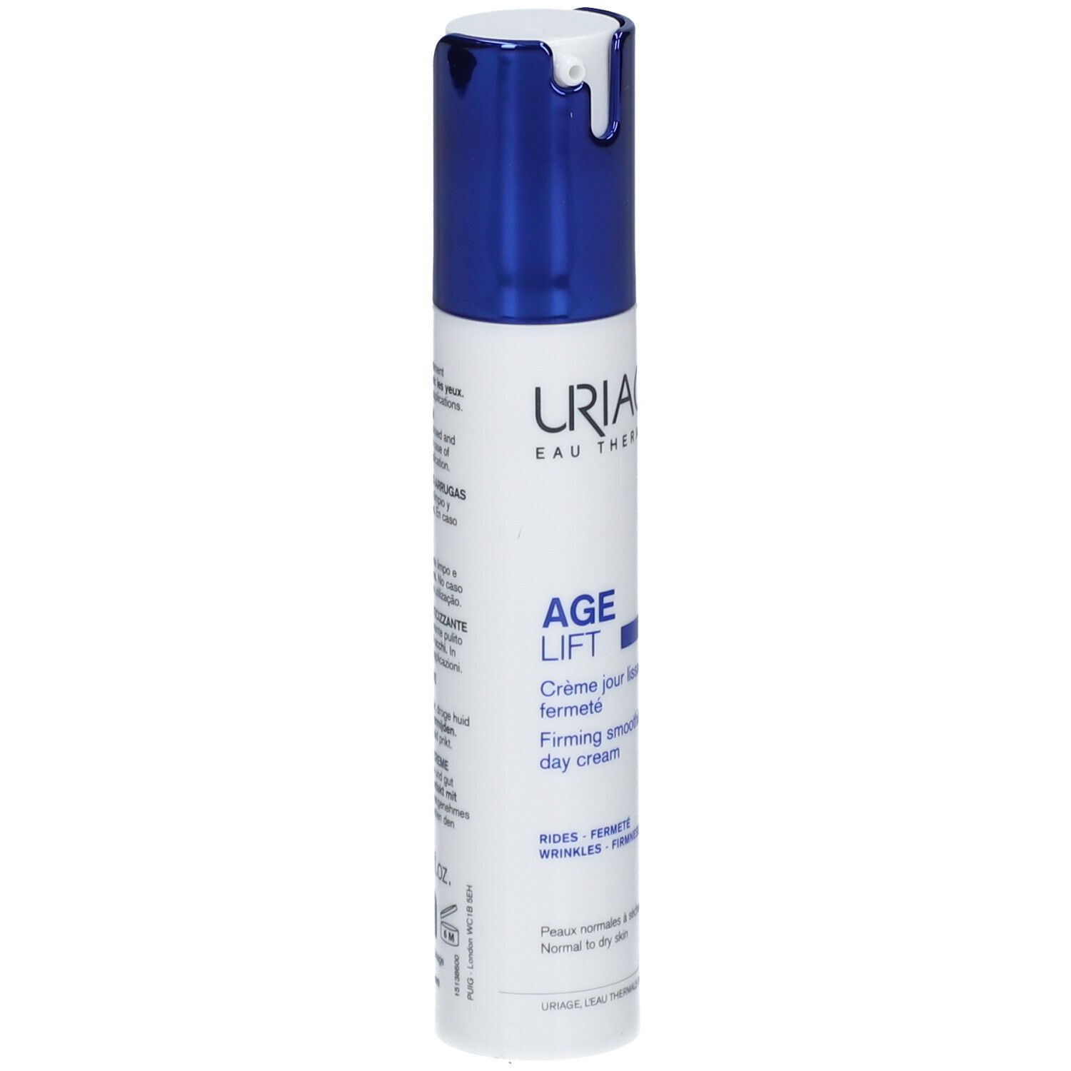 Wit-blauwe fles. Opschrift: URIAGE, AGE LIFT, Firming smoothing day cream. Met doseerkop.