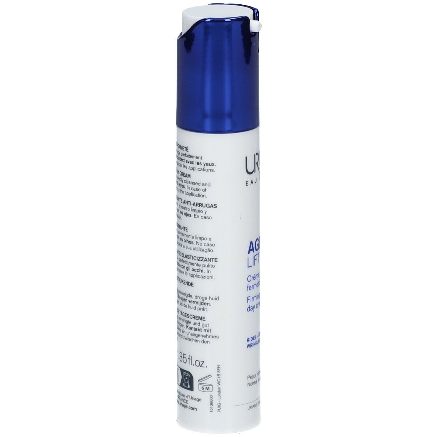 Wit-blauwe fles. Opschrift: URIAGE, AGE LIFT, Firming smoothing day cream. Meertalige tekst.