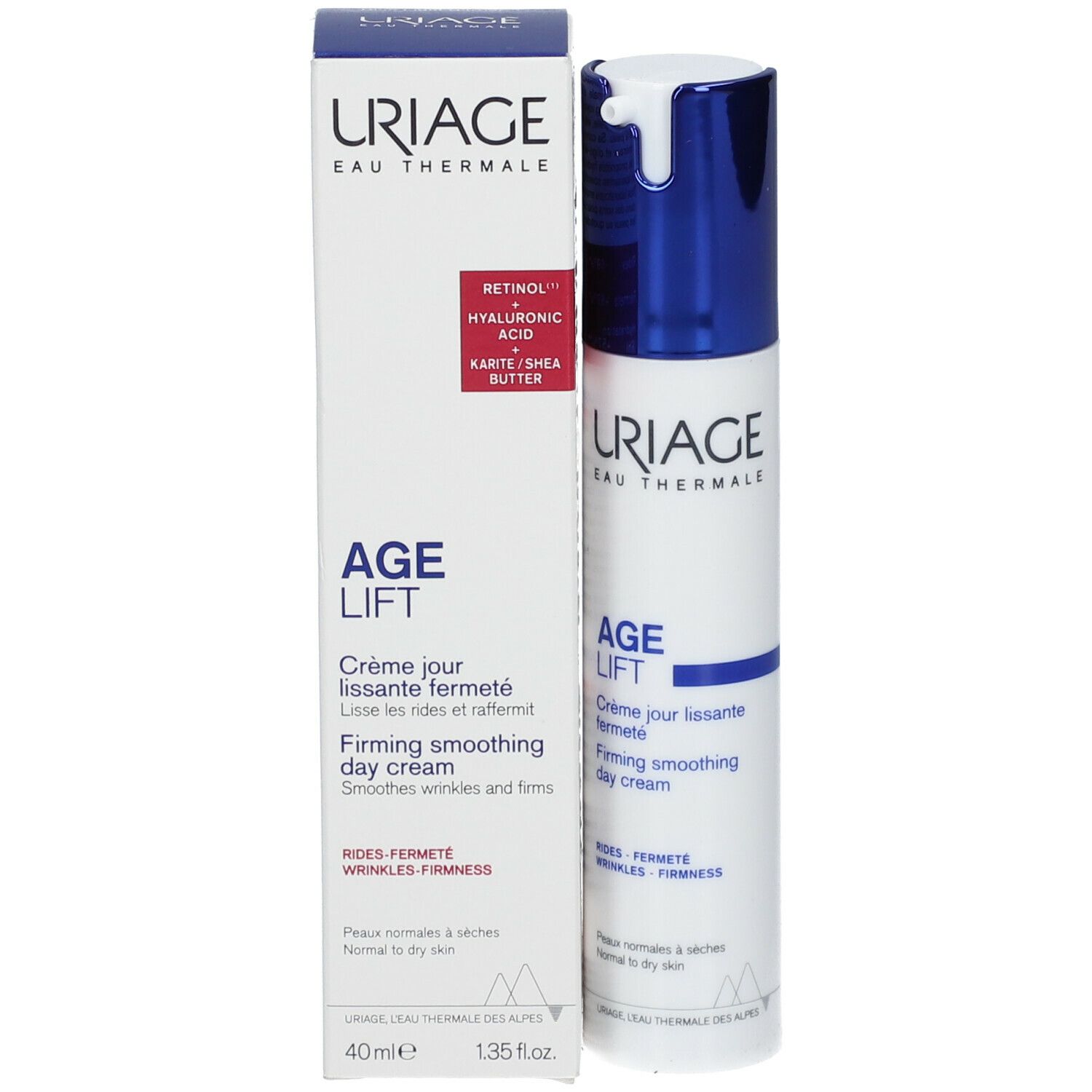Productverpakking met fles. Opschrift: URIAGE, AGE LIFT, Firming smoothing day cream. Met ingrediënten.