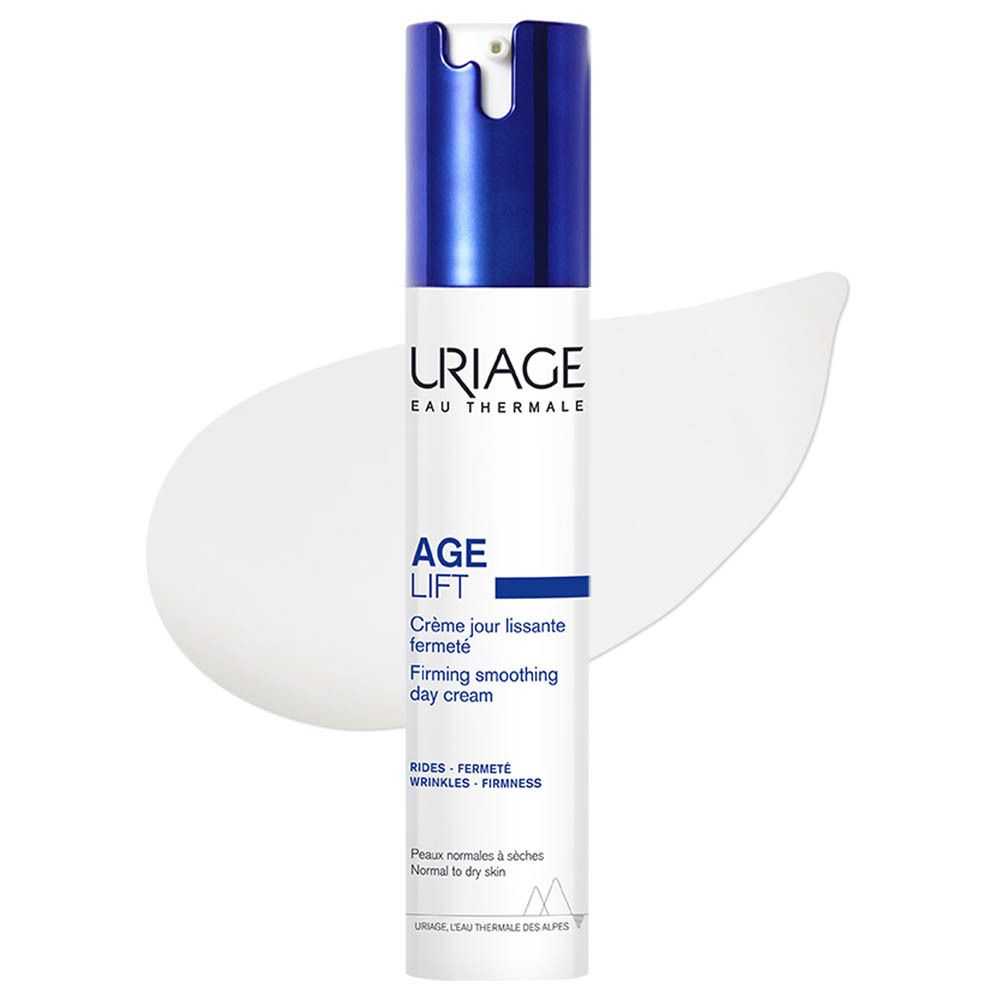 Product op huid aangebracht. Opschrift: URIAGE, AGE LIFT, Firming smoothing day cream. Met tekst.