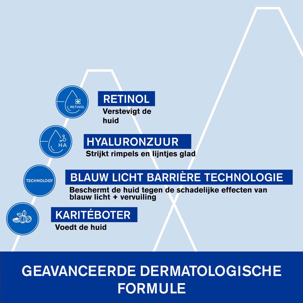 Landschap met bergen. Opschrift: Aanbevolen door dermatologen, voor gevoelige huid. Met tekst.
