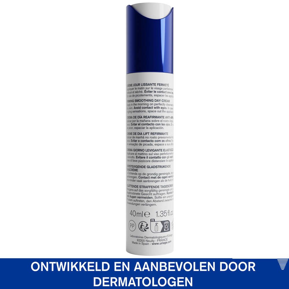 Wit-blauwe fles. Opschrift: URIAGE, AGE LIFT, Firming smoothing day cream. Met tekst.