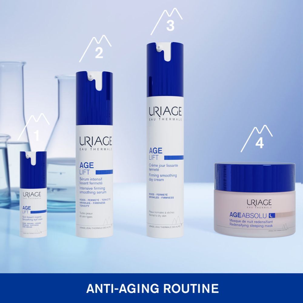 Product op huid aangebracht. Opschrift: URIAGE, AGE LIFT. Met tekst.