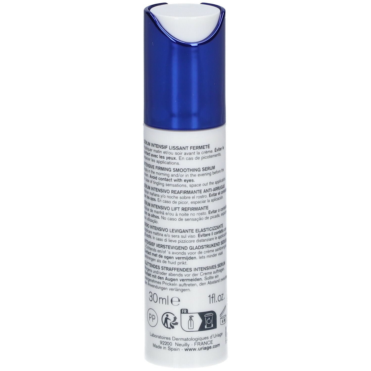 Sérum Uriage Age Lift. Dos du flacon. Texte en plusieurs langues.