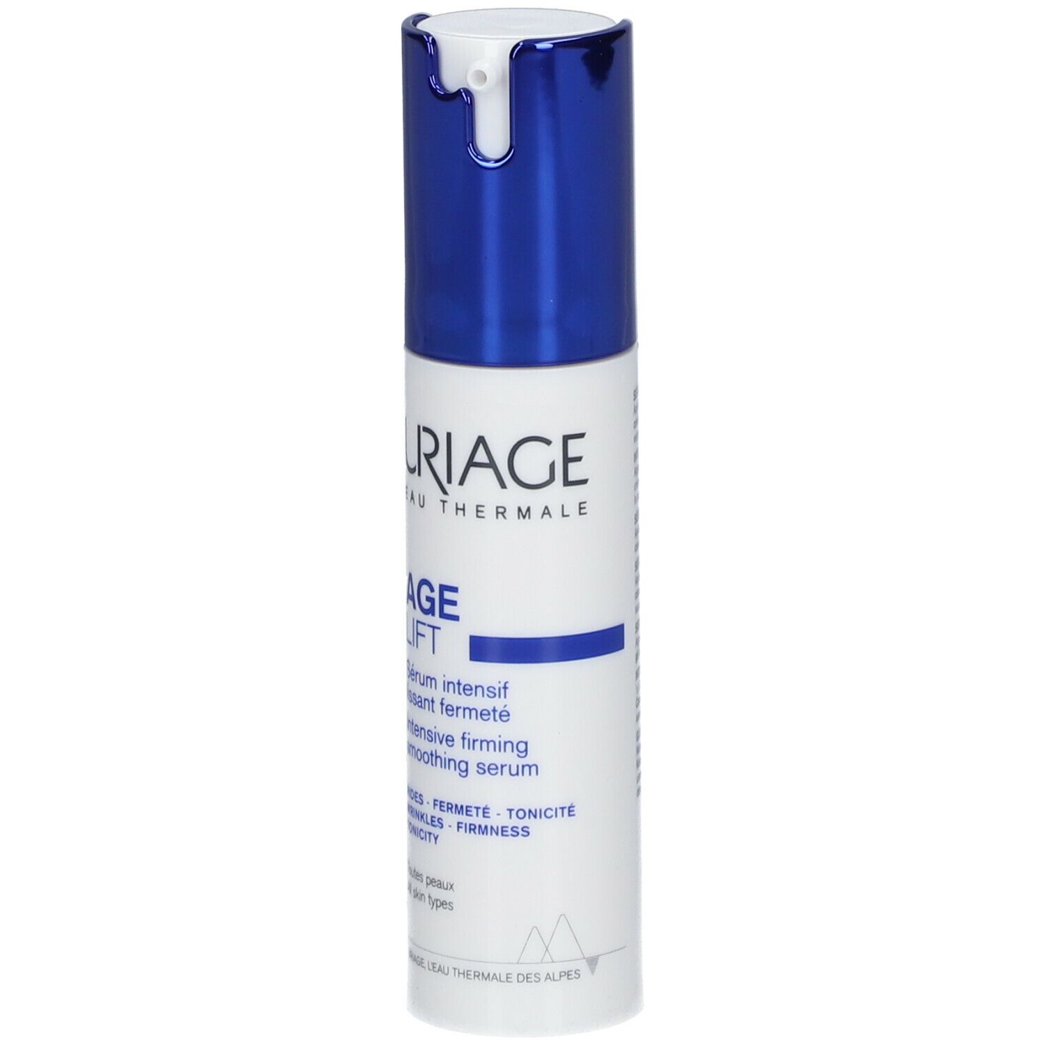 Sérum Uriage Age Lift. Flacon blanc et bouchon bleu. Nom du produit et texte.