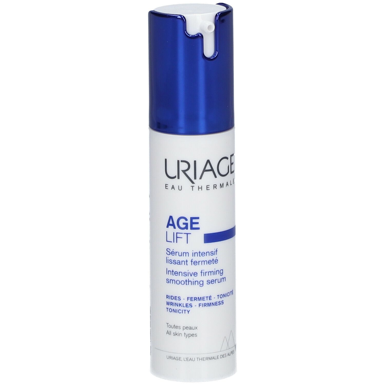 Sérum Uriage Age Lift. Flacon blanc et bouchon bleu. Nom du produit et texte.