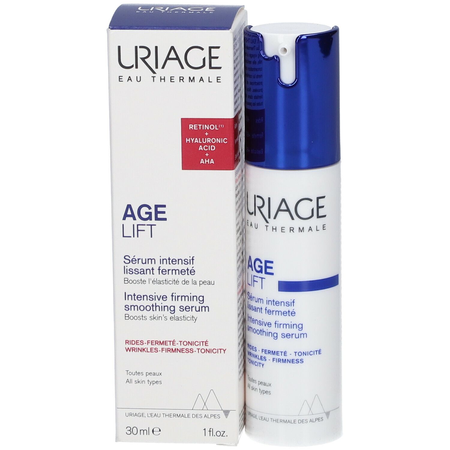Sérum Uriage Age Lift et emballage. Nom du produit et texte. Avec Rétinol, Acide Hyaluronique, AHA.