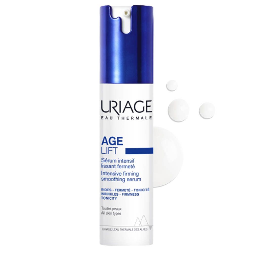 Sérum Uriage Age Lift. Flacon blanc et bouchon bleu. Nom du produit et texte.