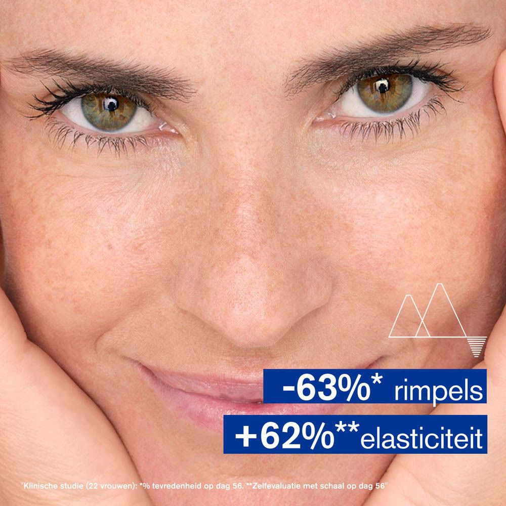 Vrouwengezicht. Tekst: -63% rimpels, +62% elasticiteit. Klinische studie.