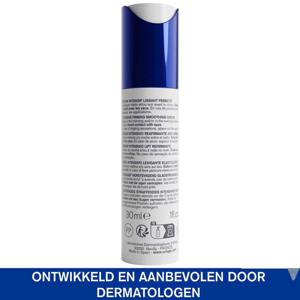 Uriage Age Lift serum. Achterkant van de fles. Tekst in meerdere talen.