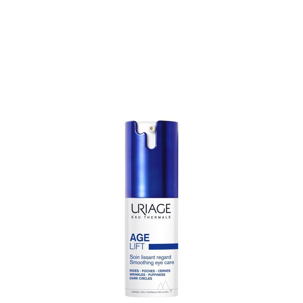 Uriage Age Lift soin lissant regard. Flacon blanc et bleu. Inscriptions sur le produit.