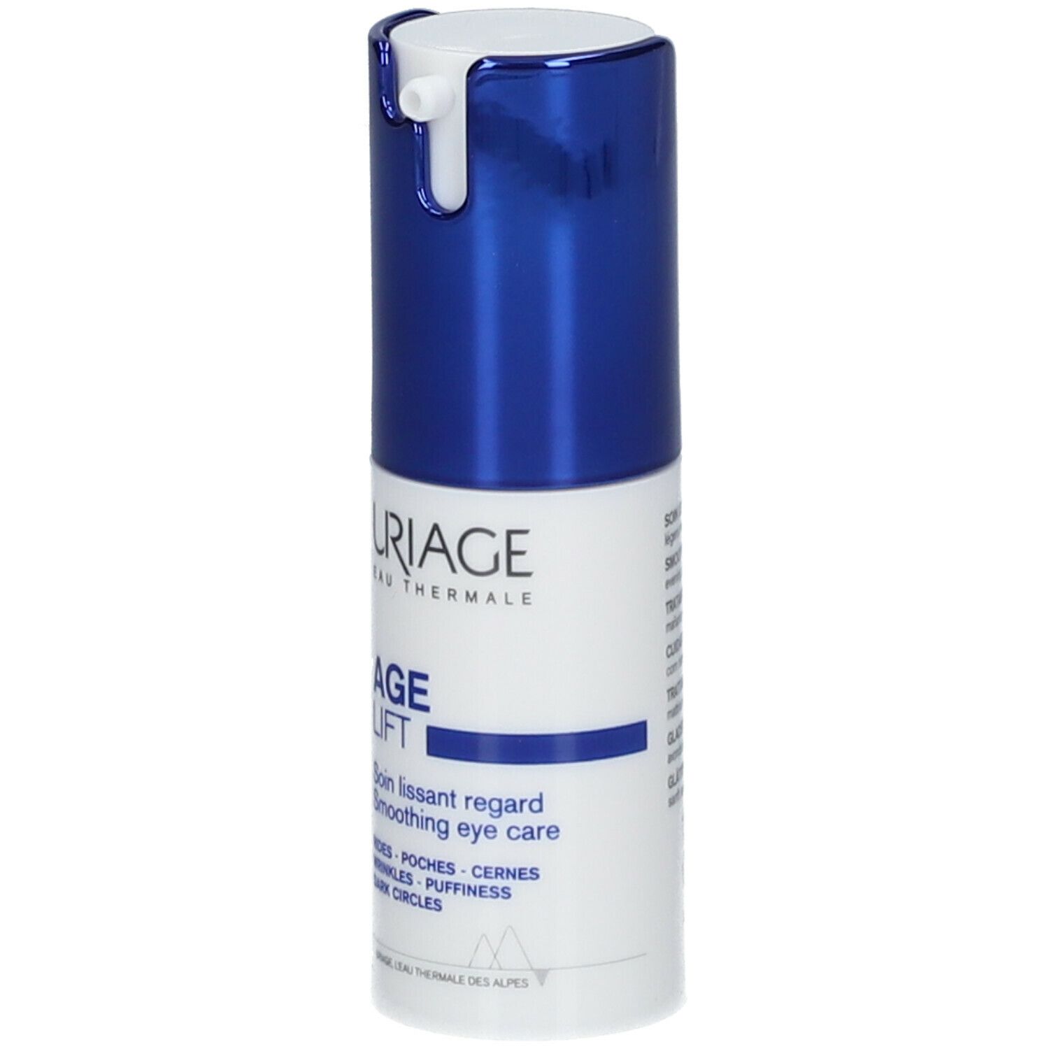Uriage Age Lift soin lissant regard. Flacon blanc et bleu. Inscriptions sur le produit.