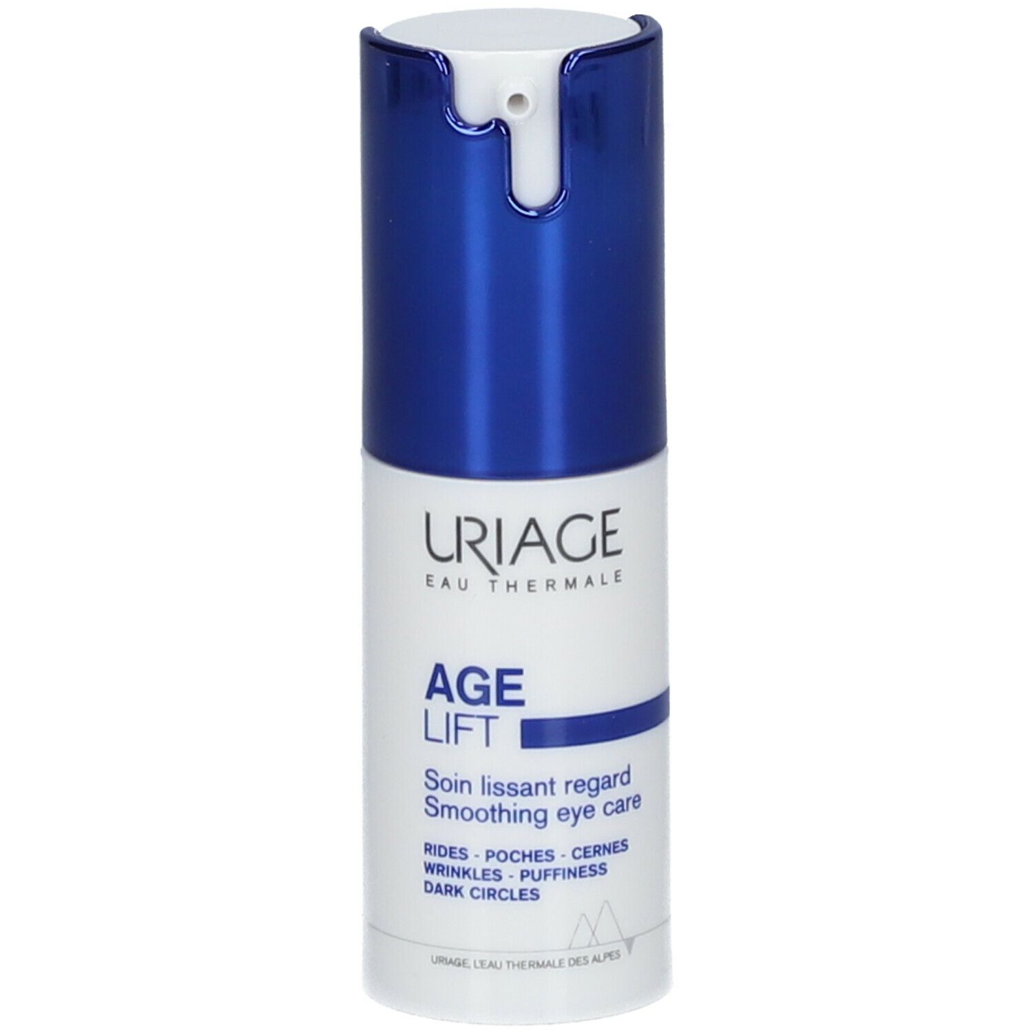 Uriage Age Lift soin lissant regard. Flacon blanc et bleu. Inscriptions sur le produit.