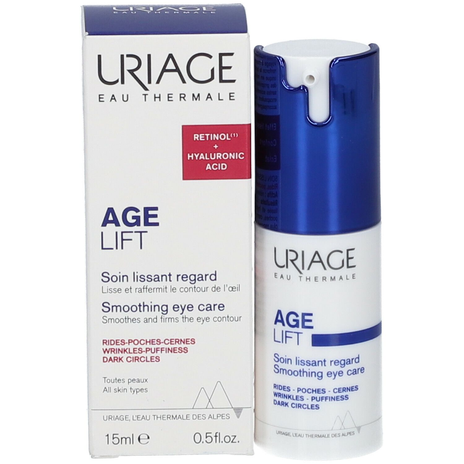 Uriage Age Lift soin lissant regard et emballage. Emballage blanc et bleu. Nom et texte du produit.