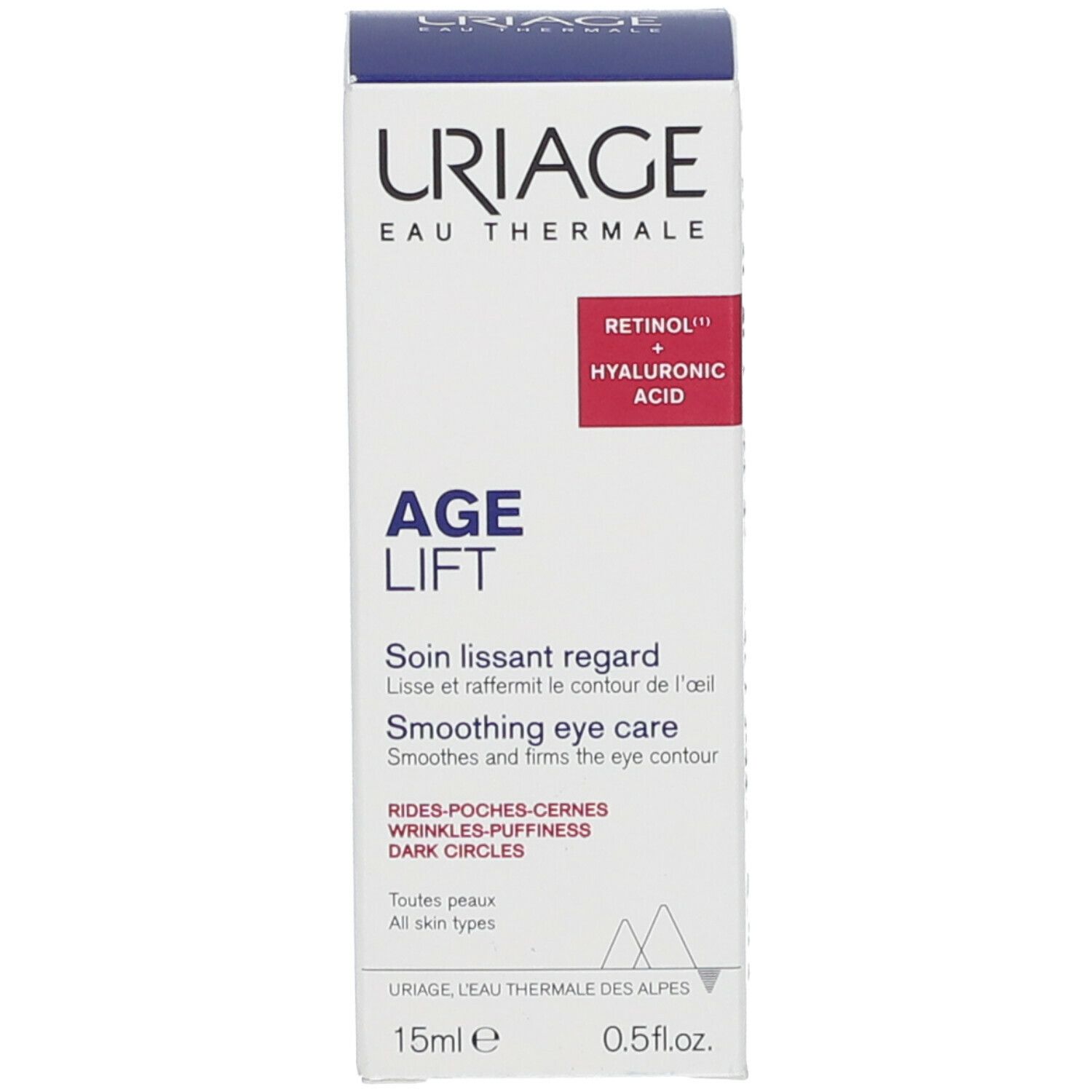 Uriage Age Lift soin lissant regard et emballage. Emballage blanc et bleu. Nom et texte du produit.