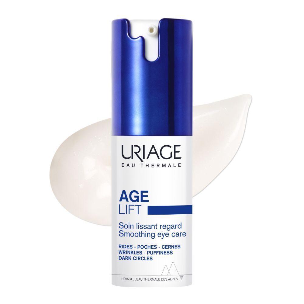 Uriage Age Lift soin lissant regard. Flacon blanc et bleu. Inscriptions sur le produit.