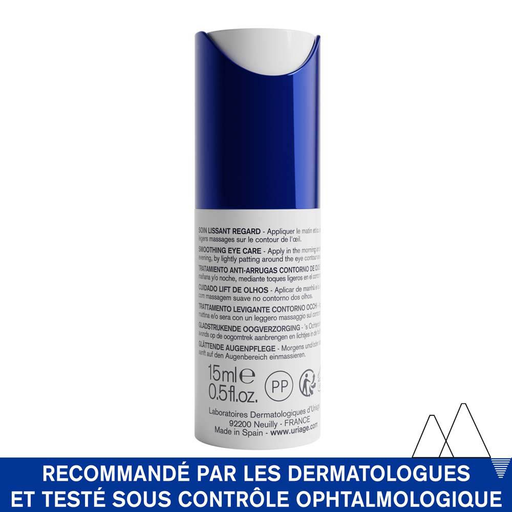 Uriage Age Lift soin lissant regard. Flacon blanc et bleu. Inscriptions sur le produit.