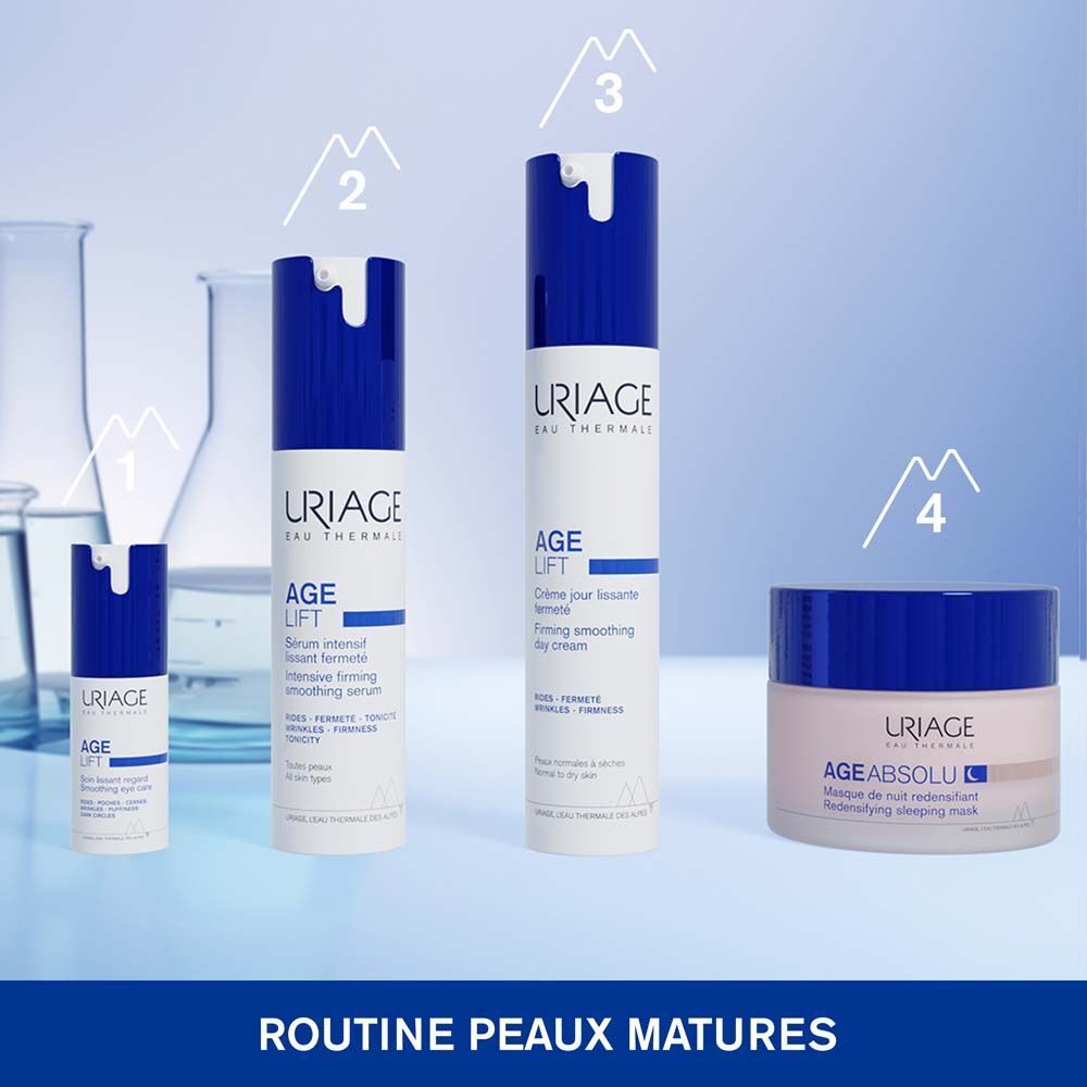 Uriage Age Lift soin lissant regard et emballage. Emballage blanc et bleu. Nom et texte du produit.