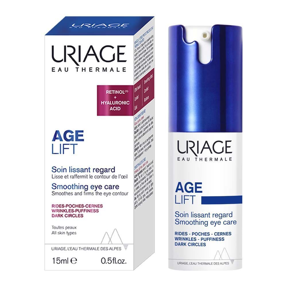 Uriage Age Lift soin lissant regard et emballage. Emballage blanc et bleu. Nom et texte du produit.